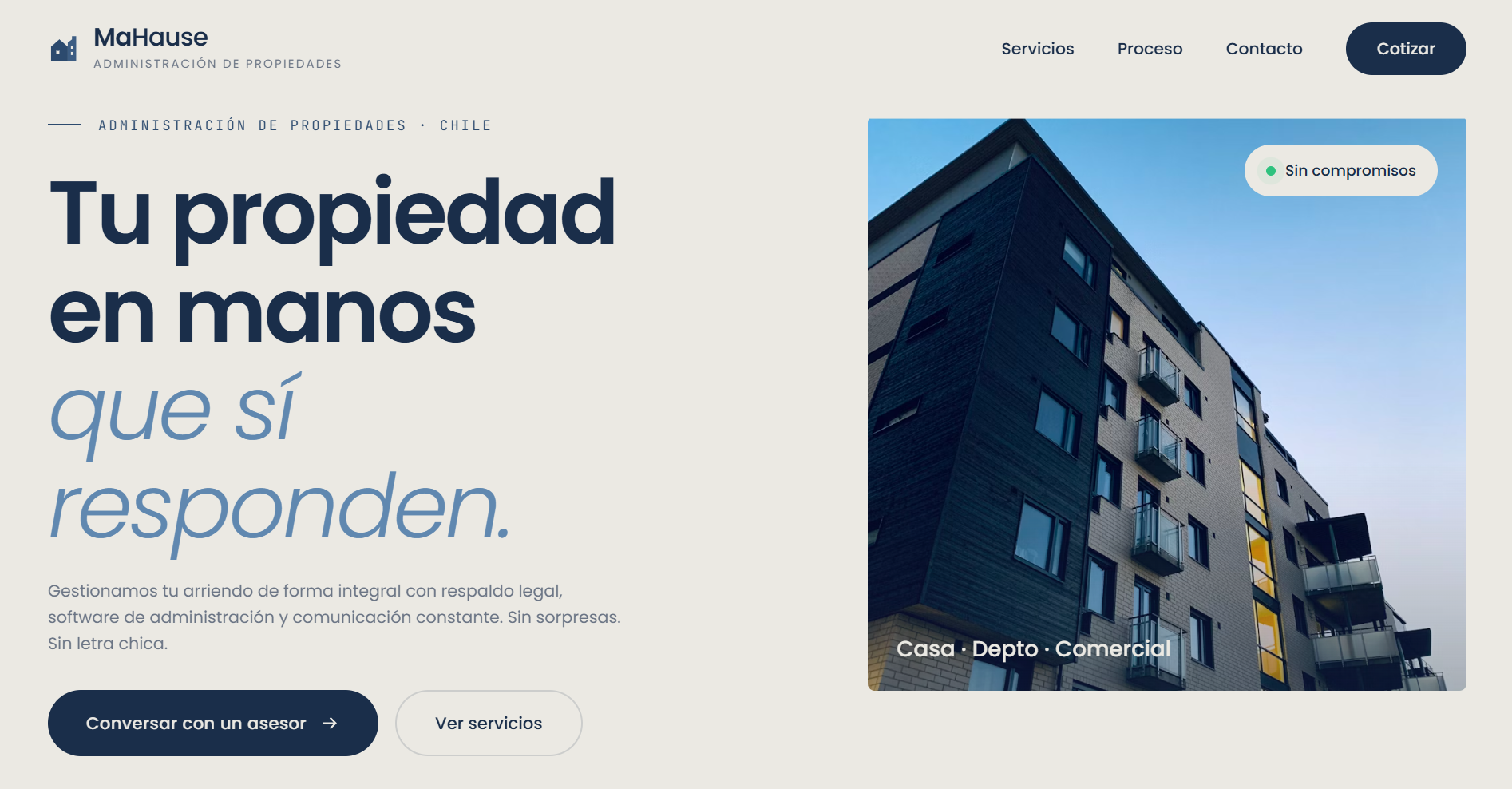 Landing page diseñada por OpenLanding para MaHause — empresa de administración de propiedades en Chile