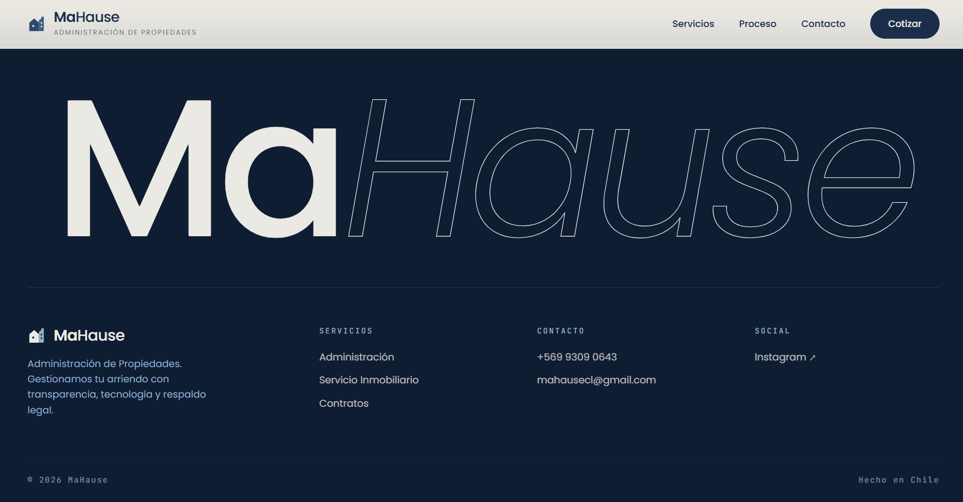 Landing page OpenLanding para MaHause — sección footer